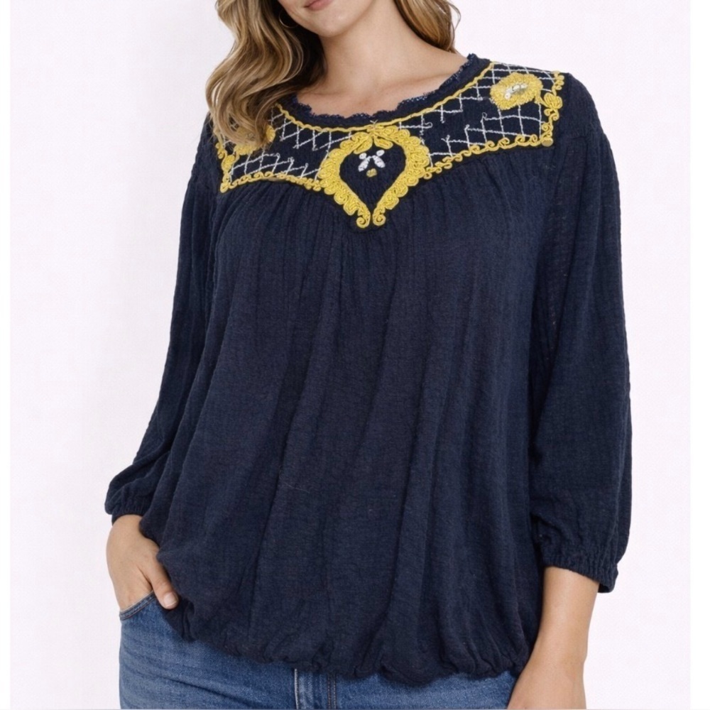 Free People Begonia Black Yellow Embroidered Flowers Boho Peasant Blouse SZ MD